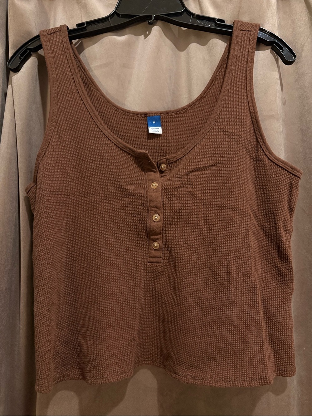 Old Navy Thermal-Knit Cropped Henley Tank Top Brown Medium